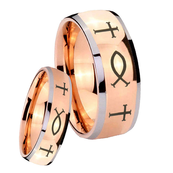 Bride and Groom Fish & Cross Dome Rose Gold Tungsten Men's Wedding Band Set