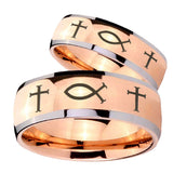 Bride and Groom Fish & Cross Dome Rose Gold Tungsten Men's Wedding Band Set