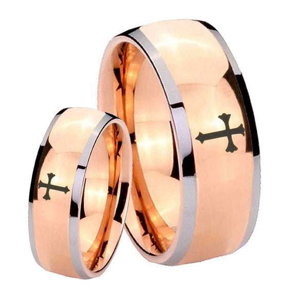His Hers Flat Christian Cross Dome Rose Gold Tungsten Custom Ring for Men Set