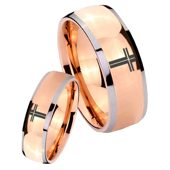 His Hers Flat Christian Cross Dome Rose Gold Tungsten Mens Bands Ring Set