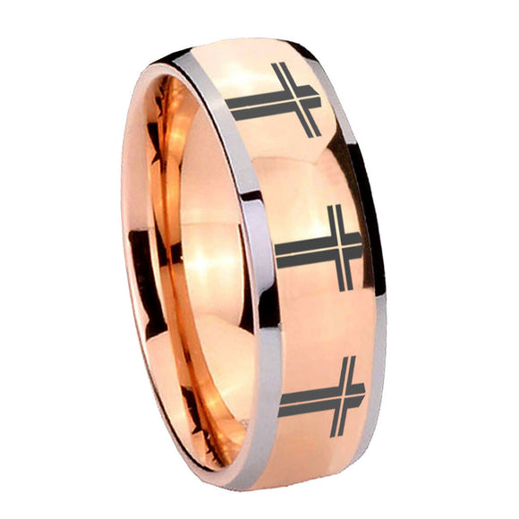 8mm Multiple Christian Cross Dome Rose Gold Tungsten Mens Ring Personalized