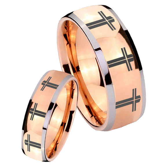 His Hers Multiple Christian Cross Dome Rose Gold Tungsten Mens Wedding Ring Set