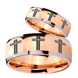 His Hers Multiple Christian Cross Dome Rose Gold Tungsten Mens Wedding Ring Set