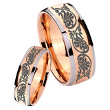 His Hers Etched Tribal Pattern Dome Rose Gold Tungsten Mens Engagement Ring Set