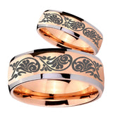 His Hers Etched Tribal Pattern Dome Rose Gold Tungsten Mens Engagement Ring Set