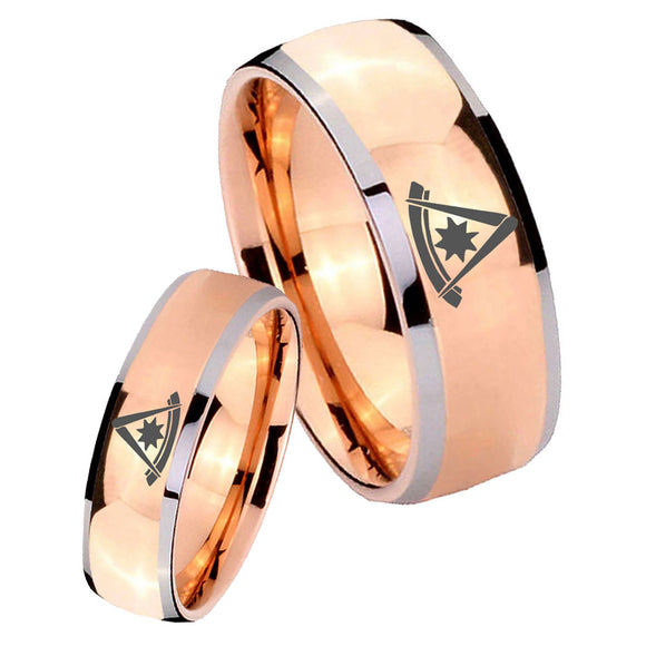 His Hers Pester Master Masonic Dome Rose Gold Tungsten Men's Engagement Ring Set