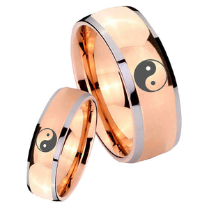 Bride and Groom Yin Yang Dome Rose Gold Tungsten Carbide Mens Ring Set