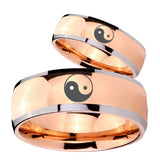 Bride and Groom Yin Yang Dome Rose Gold Tungsten Carbide Mens Ring Set