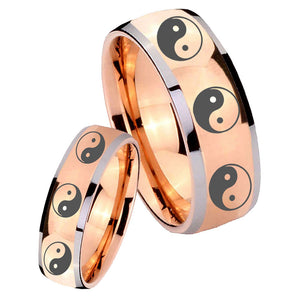 His Hers Multiple Yin Yang Dome Rose Gold Tungsten Men's Wedding Ring Set
