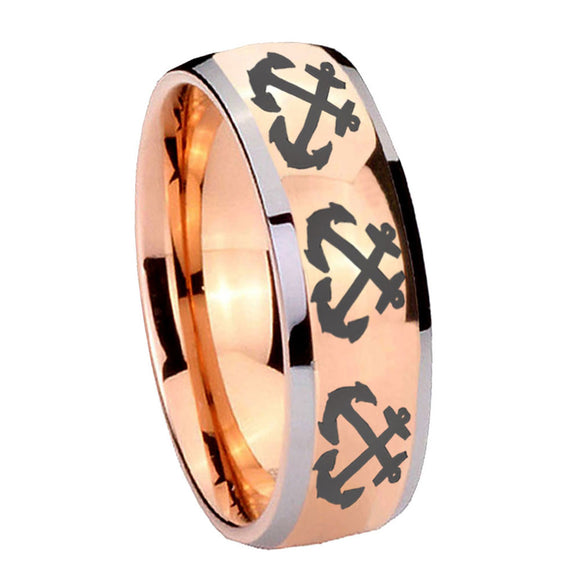 8mm Multiple Anchor Dome Rose Gold Tungsten Carbide Bands Ring
