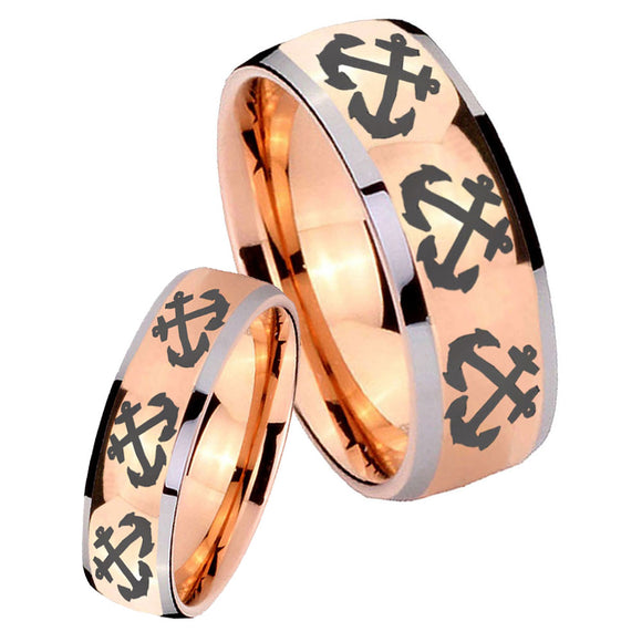 Bride and Groom Multiple Anchor Dome Rose Gold Tungsten Engagement Ring Set