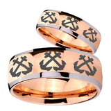 Bride and Groom Multiple Anchor Dome Rose Gold Tungsten Engagement Ring Set