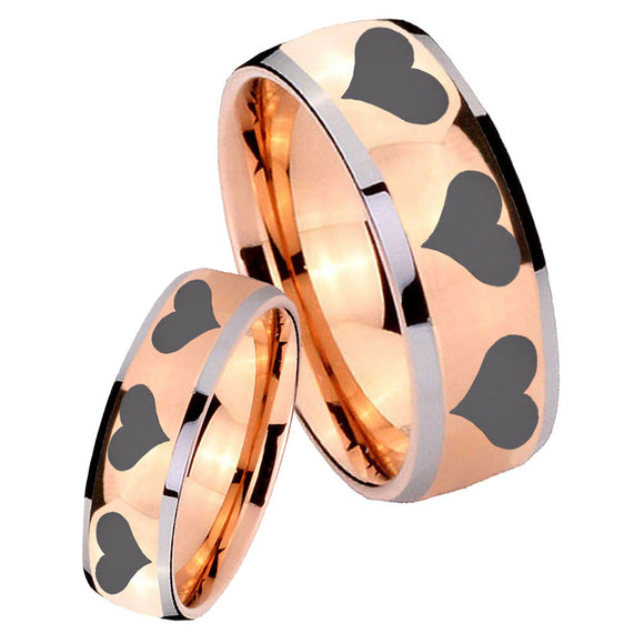 His Hers Multiple Heart Dome Rose Gold Tungsten Wedding Engagement Ring Set