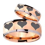 His Hers Multiple Heart Dome Rose Gold Tungsten Wedding Engagement Ring Set