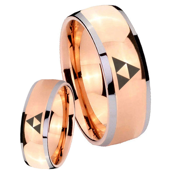 Bride and Groom Zelda Triforce Dome Rose Gold Tungsten Personalized Ring Set