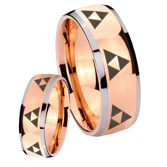 His Hers Multiple Zelda Triforce Dome Rose Gold Tungsten Mens Wedding Band Set