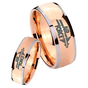 His Hers Rose Gold Dome Air Force Two Tone Tungsten Wedding Rings Set