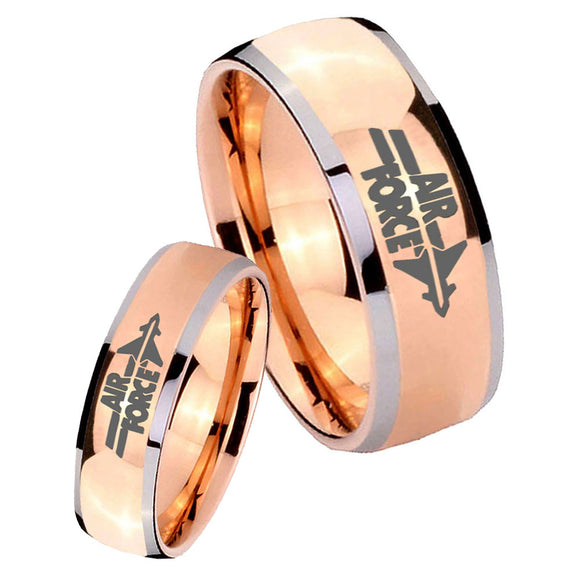His Hers Rose Gold Dome Air Force Two Tone Tungsten Wedding Rings Set