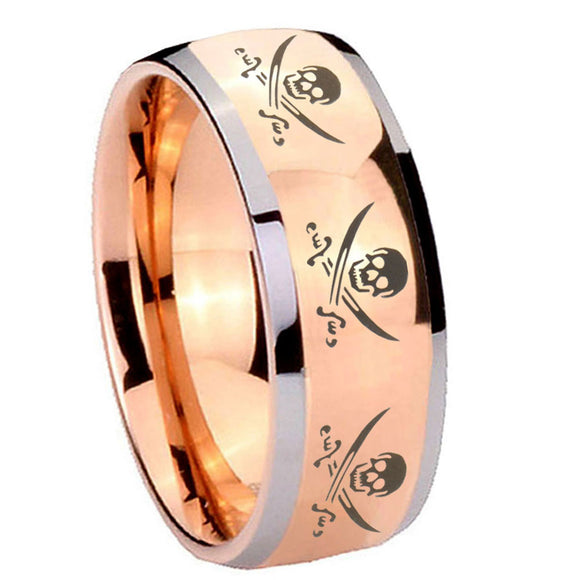 8mm Multiple Skull Pirate Dome Rose Gold Tungsten Carbide Mens Bands Ring