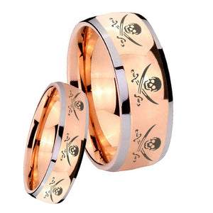 His Hers Multiple Skull Pirate Dome Rose Gold Tungsten Men's Engagement Band Set