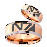 Bride and Groom N7 Design Dome Rose Gold Tungsten Engraved Ring Set
