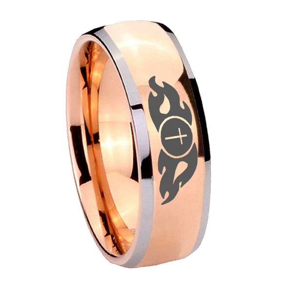 8mm Flamed Cross Dome Rose Gold Tungsten Carbide Wedding Band Mens