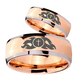 His Hers Flamed Cross Dome Rose Gold Tungsten Wedding Engagement Ring Set