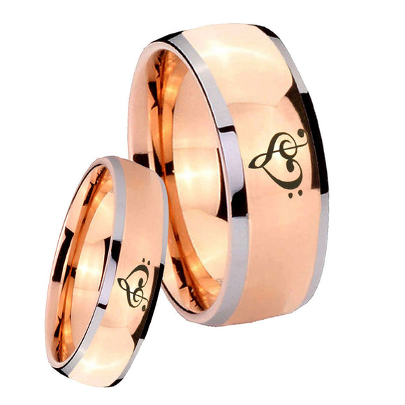 Bride and Groom Music & Heart Dome Rose Gold Tungsten Men's Bands Ring Set