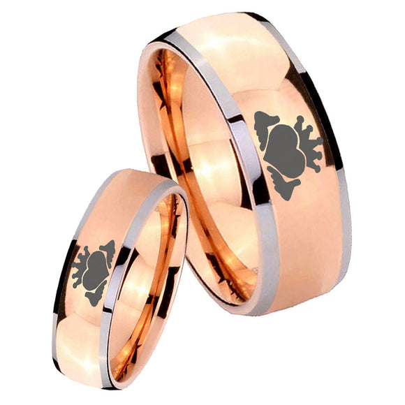 Bride and Groom Claddagh Design Dome Rose Gold Tungsten Carbide Men's Ring Set