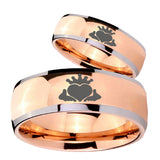 Bride and Groom Claddagh Design Dome Rose Gold Tungsten Carbide Men's Ring Set