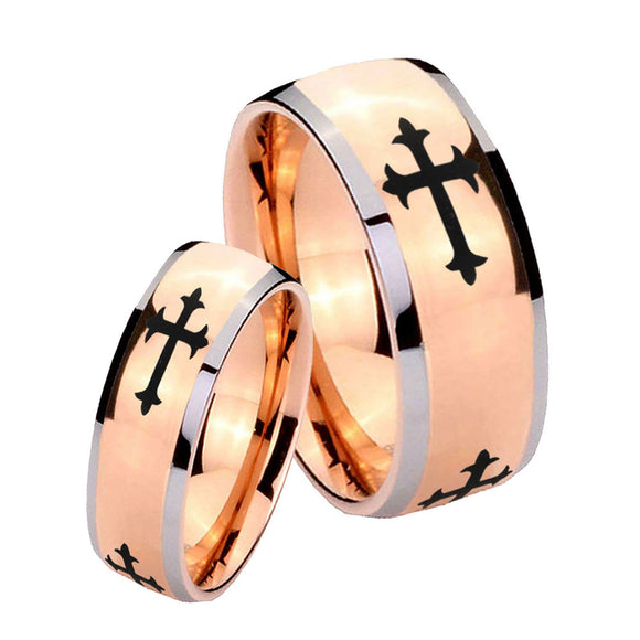 Bride and Groom Christian Cross Religious Dome Rose Gold Tungsten Engraved Ring Set