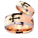Bride and Groom Christian Cross Religious Dome Rose Gold Tungsten Engraved Ring Set