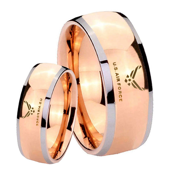 His Hers Rose Gold Dome US Air Force Two Tone Tungsten Wedding Rings Set