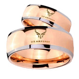 His Hers Rose Gold Dome US Air Force Two Tone Tungsten Wedding Rings Set