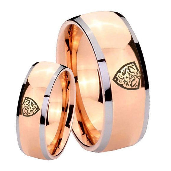 His Hers Zelda Hylian Shield Dome Rose Gold Tungsten Anniversary Ring Set