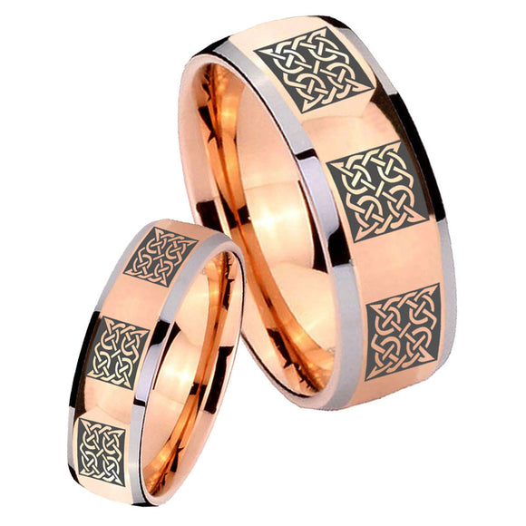 Bride and Groom Multiple Celtic Dome Rose Gold Tungsten Engraved Ring Set