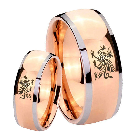 Bride and Groom Dragon Dome Rose Gold Tungsten Carbide Custom Mens Ring Set