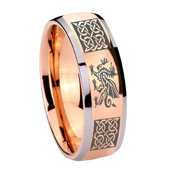 8mm Multiple Dragon Celtic Dome Rose Gold Tungsten Carbide Mens Ring