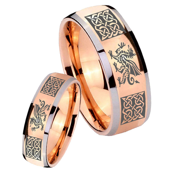 His Hers Multiple Dragon Celtic Dome Rose Gold Tungsten Mens Ring Set