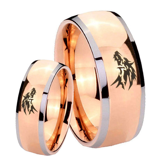Bride and Groom Wolf Dome Rose Gold Tungsten Carbide Men's Engagement Band Set