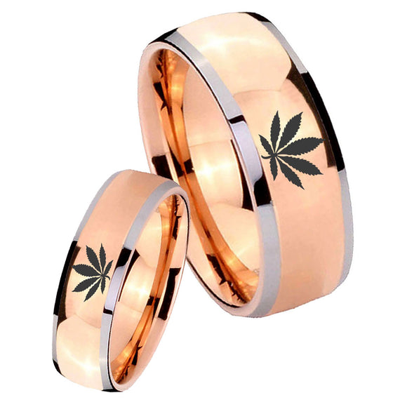 His and Hers Marijuana Leaf Dome Rose Gold Tungsten Mens Engagement Ring Set