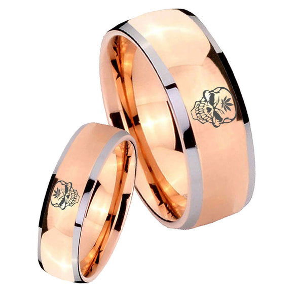 His Hers Skull Marijuana Leaf  Dome Rose Gold Tungsten Mens Promise Ring Set
