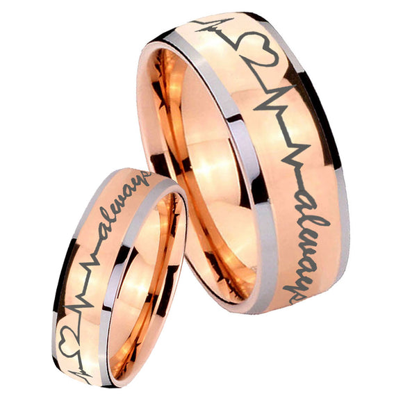His Hers Heart Beat forever Heart always Dome Rose Gold Tungsten Men Rings Set