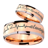 His Hers Heart Beat forever Heart always Dome Rose Gold Tungsten Men Rings Set