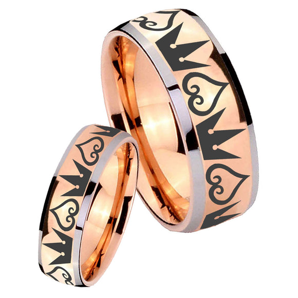 His Hers Hearts and Crowns Dome Rose Gold Tungsten Mens Ring Engraved Set