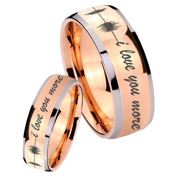 His Hers Sound Wave, I love you more Dome Rose Gold Tungsten Bands Ring Set