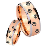 Bride and Groom Paw Print Dome Rose Gold Tungsten Carbide Men's Band Ring Set