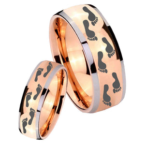 Bride and Groom Foot Print Dome Rose Gold Tungsten Carbide Men's Bands Ring Set