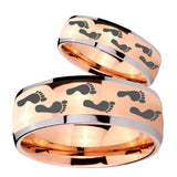 Bride and Groom Foot Print Dome Rose Gold Tungsten Carbide Men's Bands Ring Set