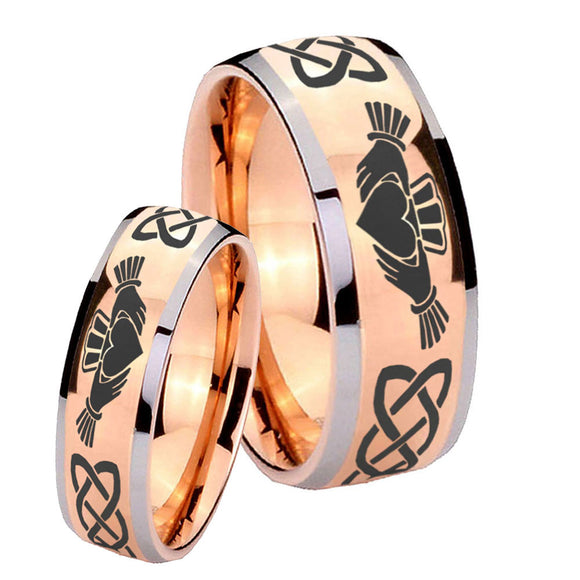 Bride and Groom Irish Claddagh Dome Rose Gold Tungsten Personalized Ring Set